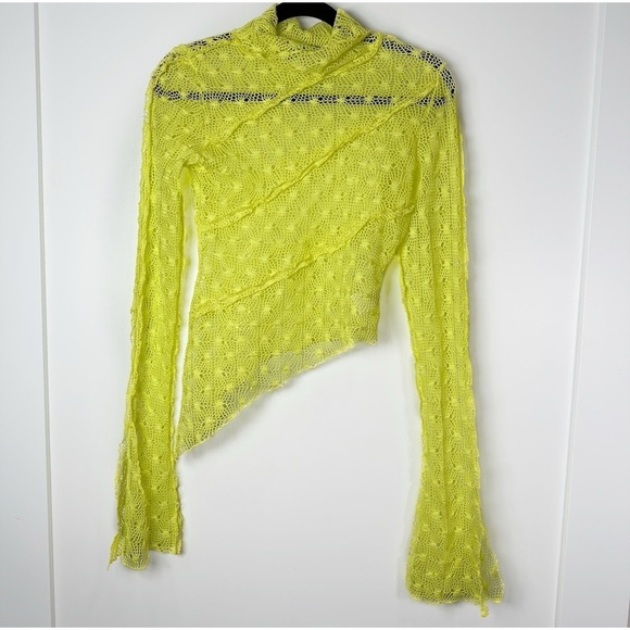 KIM SHUI Exclusive Asymmetrical Sheer Crochet Turtleneck Top Neon Yellow Size S - Picture 4 of 12